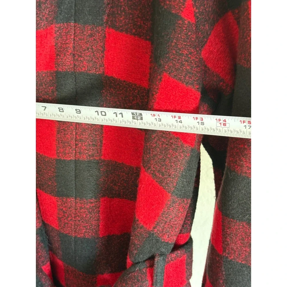MNML Womens Coat Red Black Buffalo Plaid Belted Wrap Size L Designer Old Money
